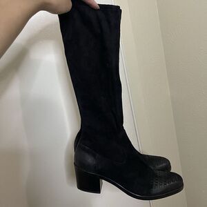 PRADA black suede leather western mid calf heeled boot size 35.5 US 5.5
